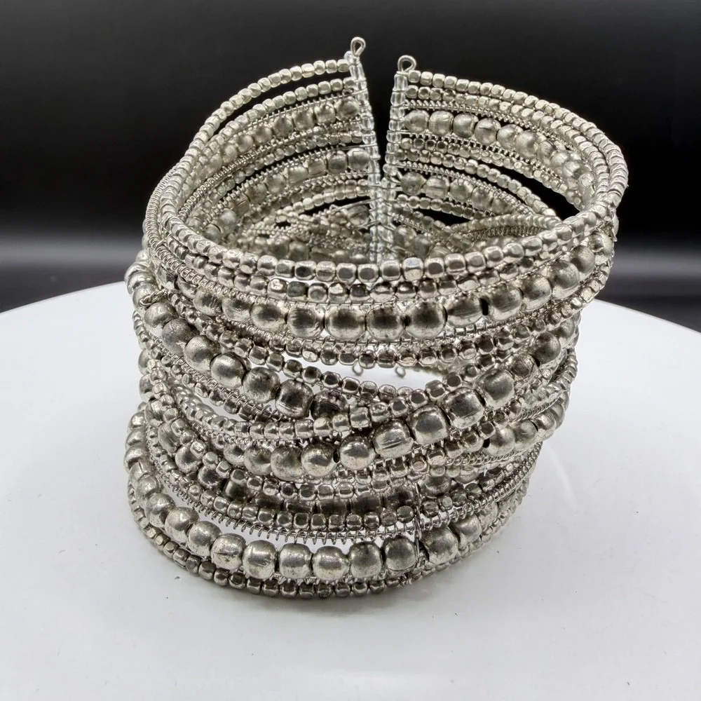 Silver Tone Multi Strand Beaded Wire Cuff Bracelet Boho Statement Festival Gift